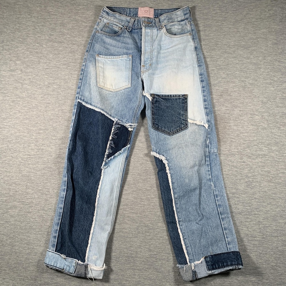 Revice Denim Jeans Womens 25 Blue‎ Patchwork High Rise Straight Crop Distressed